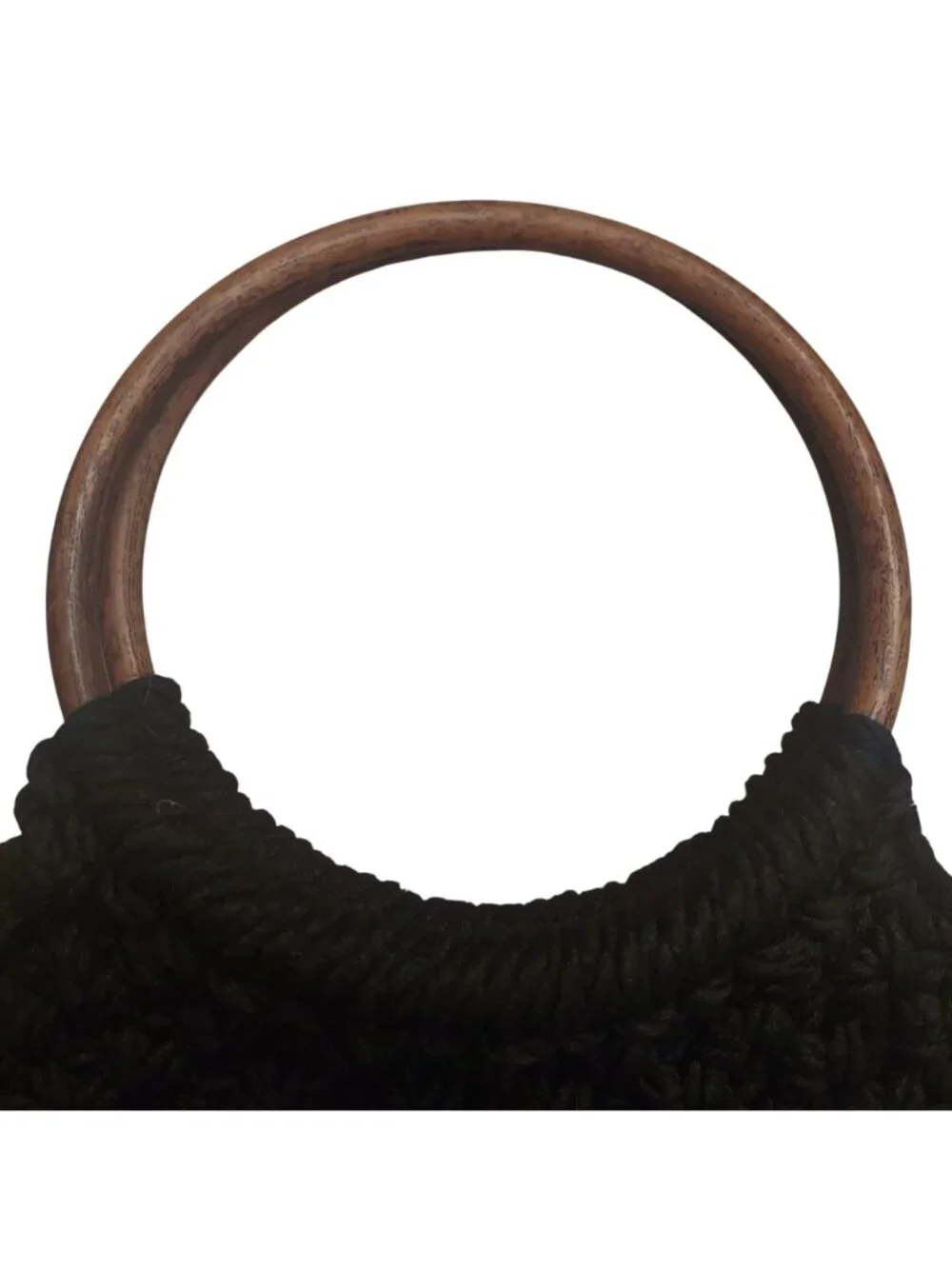 Macrame Crochet Handbag Handmade Black W/ Round Wooden Handles Lined Vintage 70s